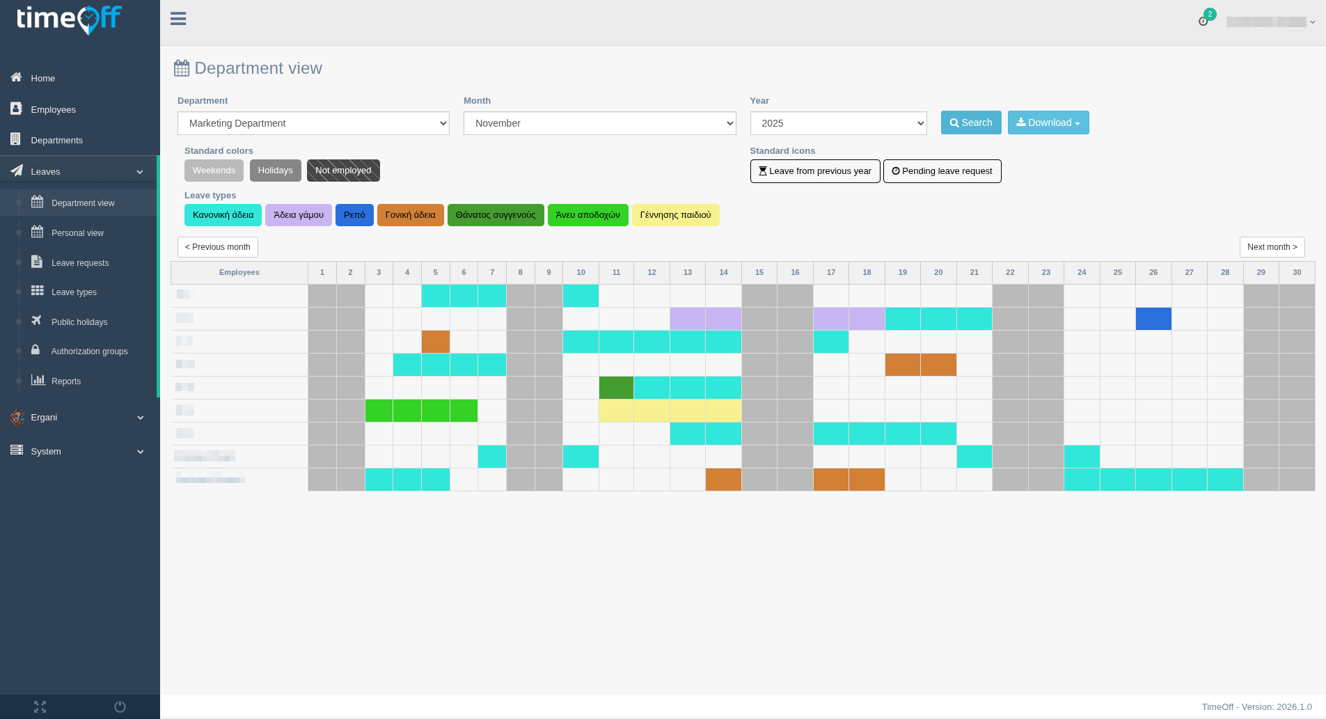Timeoff department leave calendar view
