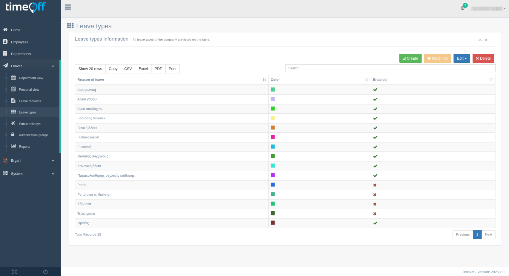 Timeoff leave types management screen