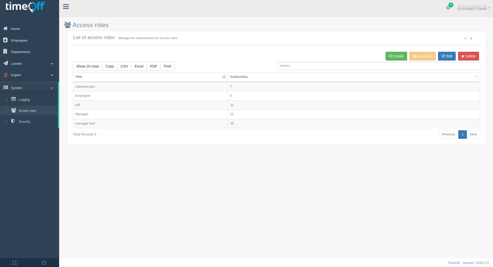 Timeoff user roles and access settings